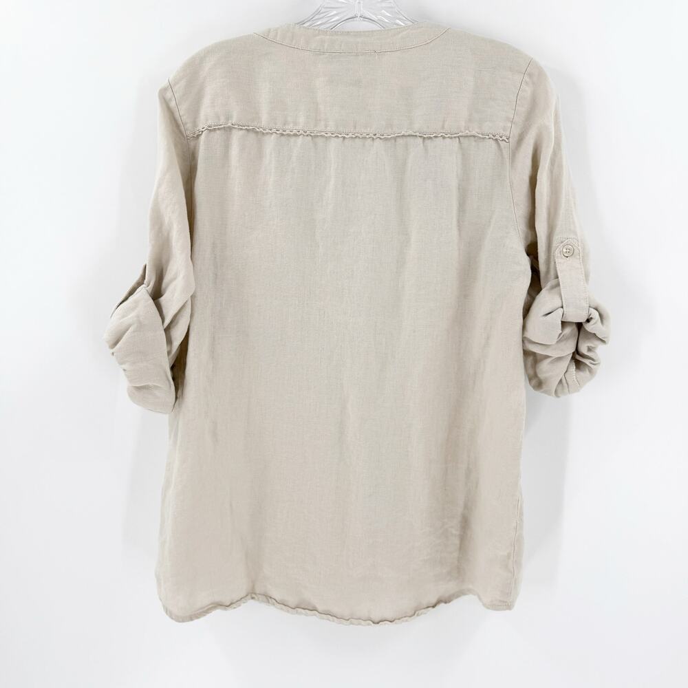 Harve Bernard 100% Linen Blouse Beige Minimalist Button Front Sz L - Picture 3 of 7